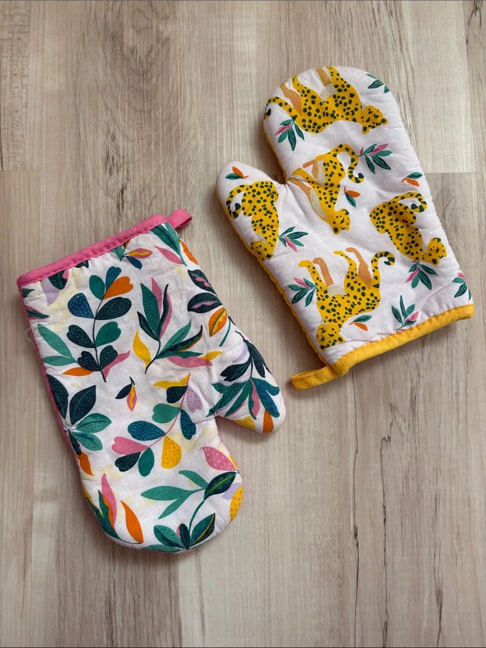 Floral & Leopard Print Oven Mitts - Pink & Yellow